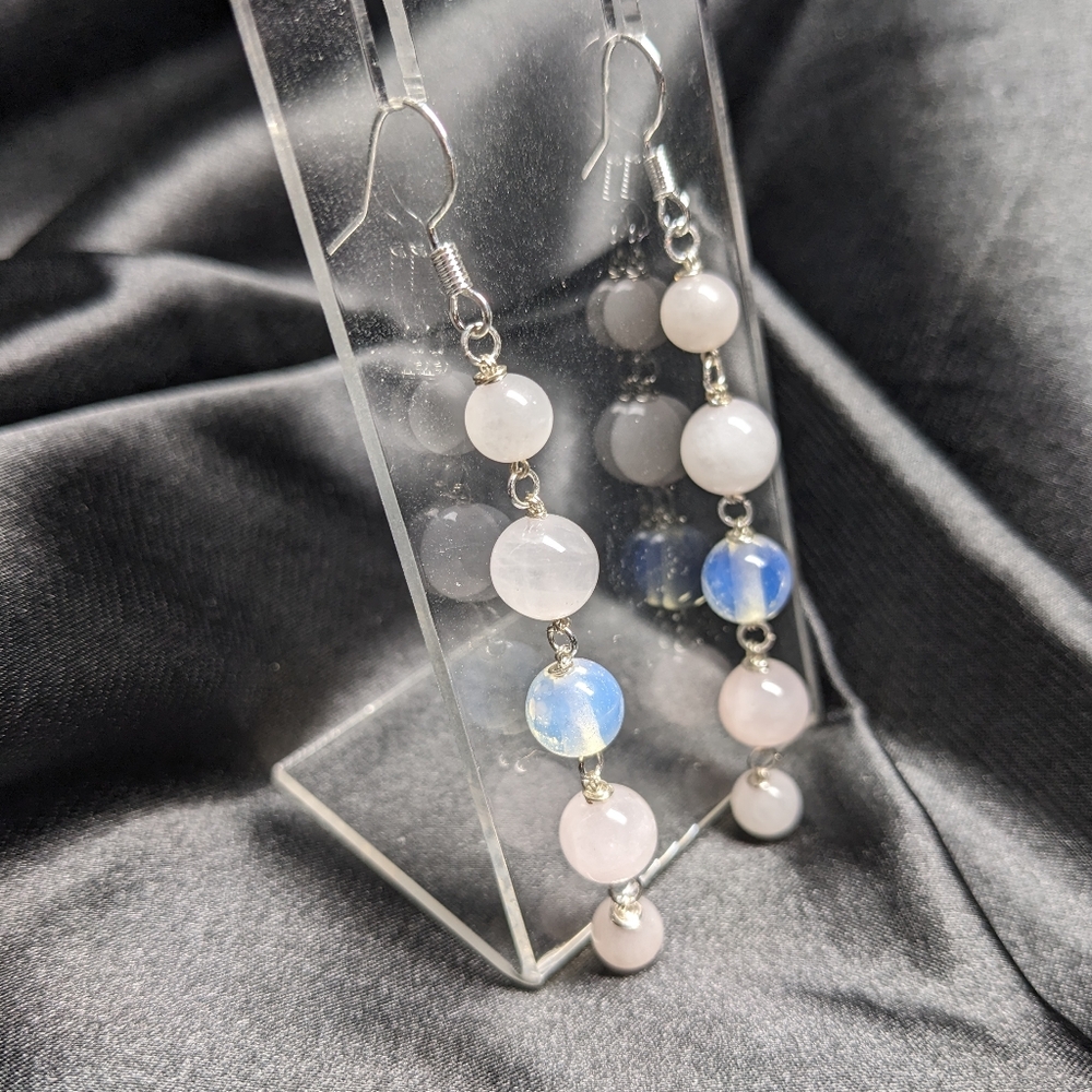 ROSE QUARTZ & MOONSTONE Earrings Dangle Long Handmade Crystal Beads Pink Cute - Picture 9 of 11